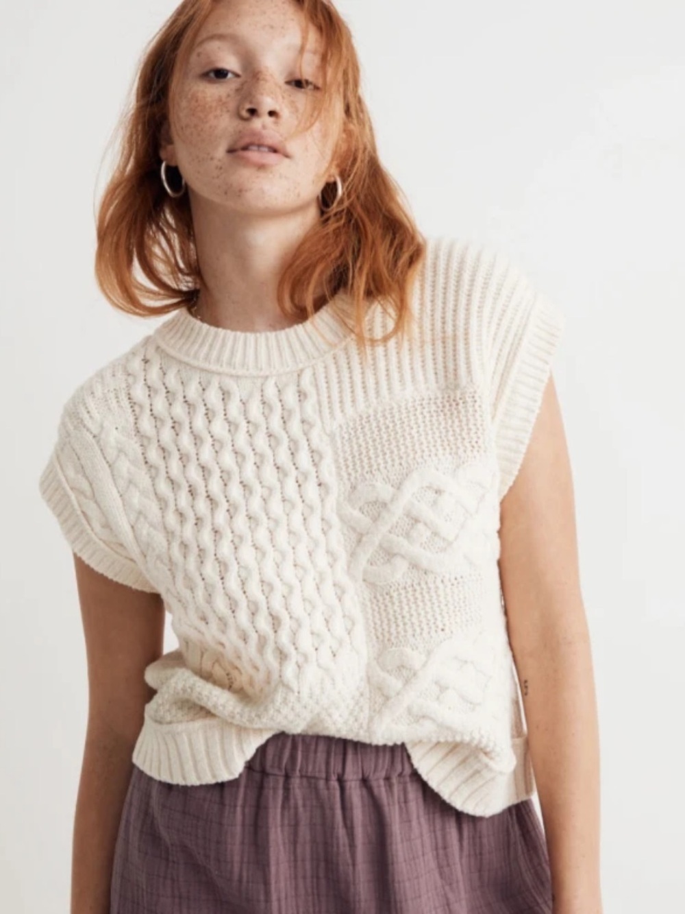 Madewell Sz S Patchwork Cable Knit Short Sleeve Sweater Vest In Antique Cream